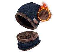 Aisprts Kids Winter Beanie Hat and Scarf Set Knitted Thermal Fleece Lining Hat and Snood Neck Warmer for Boys Girls, Navy Blue, One Size