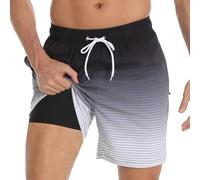 Aisprts Swimming Shorts Men Swim Trunks with Compression Liner & Zipper Pockets,Gradient Grey Stripes,XXL