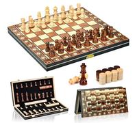 Aissom Magnetic Wooden Chess Set, 2 in 1, 15 Inch Chess Set with Storage and 2 Extra Queens, Foldable for Parties and Family Activities, Travel Chess for Kids