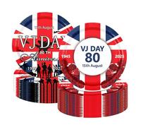 Aisszhao 32Pcs VJ Day Plates 80th Anniversary Party Tableware,Celebration VJ-Day 80th Paper Plates Memorabilia Party Plate Victory in Europe,VJ 80 Years Dinnerware Kit for Celebrat Partys Plate Décor