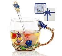 AISVELDY Flower Tea Cup,Butterfly Rose Clear Glass Fancy Coffee Mug with Spoon,Gift Box for Her Mom Wife Grandma Girls Women Christmas Birthday Present Idea for Juice,Hot and Cold Drinks Use
