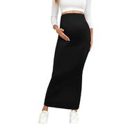AISWI 2024 Maternity Adjustable Waist Rib Knit Maxi Skirt Over The Belly Stretchy Pregnancy Long Pencil Skirts, Fall/Winter, Black, L
