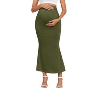 AISWI 2024 Maternity Adjustable Waist Rib Knit Maxi Skirt Over The Belly Stretchy Pregnancy Long Pencil Skirts, Mermaid, Olive Green, L