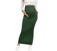 AISWI 2024 Maternity Adjustable Waist Rib Knit Maxi Skirt Over The Belly Stretchy Pregnancy Long Pencil Skirts, Green, XL