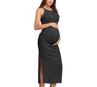 AISWI 2024 Ribbed Summer Maternity Bodycon Dress Sleeveless Halter Neck Ruched Slit Pregnancy Long Dress Baby Shower Casual, Black, L