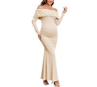 AISWI 3D Floral Off The Shoulder Maternity Dress Long Sleeve Ribbed Mermaid Maxi Bodycon Pregnancy Dresses Baby Shower, Champagne, XXL