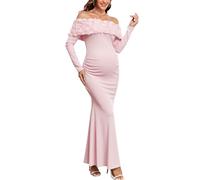 AISWI 3D Floral Off The Shoulder Maternity Dress Long Sleeve Ribbed Mermaid Maxi Bodycon Pregnancy Dresses Baby Shower, Light Pink, L