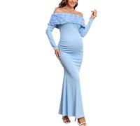 AISWI 3D Floral Off The Shoulder Maternity Dress Long Sleeve Ribbed Mermaid Maxi Bodycon Pregnancy Dresses Baby Shower, Light Blue, M