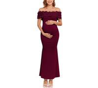 AISWI 3D Floral Off The Shoulder Maternity Dress Sexy Ribbed Mermaid Maxi Bodycon Pregnancy Dresses Baby Shower, Burgundy, M