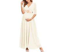 AISWI Lace Maternity Maxi Dress 3/4 Sleeve V Neck Wrap A Line Flowy Chiffon Pregnancy Dresses for Baby Shower Photoshoot, White, Without Belt, L
