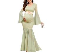 AISWI Maternity Dress Baby Shower Long Bell Sleeve Floral Lace Contrast Chiffon V-Neck Mermaid Pregnancy Photoshoot Gown, Sage Green, XL