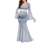 AISWI Maternity Dress Baby Shower Long Bell Sleeve Floral Lace Contrast Chiffon V-Neck Mermaid Pregnancy Photoshoot Gown, Grey Blue, XL