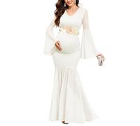 AISWI Maternity Dress Baby Shower Long Bell Sleeve Floral Lace Contrast Chiffon V-Neck Mermaid Pregnancy Photoshoot Gown, White, S