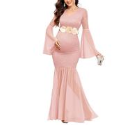 AISWI Maternity Dress Baby Shower Long Bell Sleeve Floral Lace Contrast Chiffon V-Neck Mermaid Pregnancy Photoshoot Gown, Pink, XL