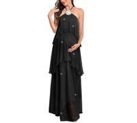 AISWI Maternity Halter Neck Maxi Dress Sparkly Mesh Tiered Ruffle Pregnancy Gown with Flower for Baby Shower Photoshoot, Black, M