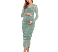 AISWI Mesh Maternity Dress Ruched Side Round Neck Pregnancy Dresses Baby Shower Wedding Guest Cocktail Party 2024 Fall, Sparkly Sage Green, Size Down for Best, M
