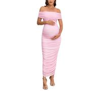 AISWI Maternity Off The Shoulder Maxi Dress Mesh Ruched Bodycon Sleeveless Pregnancy Dresses Baby Shower Photoshoot, Pink, L