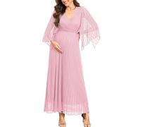 AISWI Maternity Sparkly Mesh Maxi Dress Handkerchief Sleeves Wrap V Neck Flowy Pregnancy Dresses Baby Shower Formal, Pink, XL