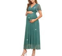 AISWI Maternity Sparkly Mesh Maxi Dress Ruffle Sleeve Wrap V Neck Flowy Pregnancy Dresses Baby Shower Photoshoot Formal, Sage Green, L