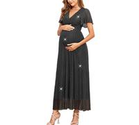 AISWI Maternity Sparkly Mesh Maxi Dress Ruffle Sleeve Wrap V Neck Flowy Pregnancy Dresses Baby Shower Photoshoot Formal, Black, XXL