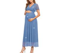 AISWI Maternity Sparkly Mesh Maxi Dress Ruffle Sleeve Wrap V Neck Flowy Pregnancy Dresses Baby Shower Photoshoot Formal, Blue, L