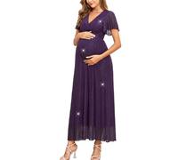 AISWI Maternity Sparkly Mesh Maxi Dress Ruffle Sleeve Wrap V Neck Flowy Pregnancy Dresses Baby Shower Photoshoot Formal, Purple, L
