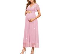 AISWI Maternity Sparkly Mesh Maxi Dress Ruffle Sleeve Wrap V Neck Flowy Pregnancy Dresses Baby Shower Photoshoot Formal, Pink, M