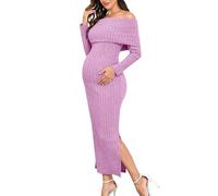 AISWI Maternity Sweater Dress Off The Shoulder Rib Knit Long Sleeve Dresses with Side Slit for Pregnancy Baby Shower, Lilac Pink, XXL