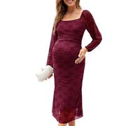 AISWI Mesh Ruched Maternity Dress Baby Shower Wedding Guest Pregnancy Shoot Fall Long Short Sleeves Square Neck, Long Sleeves, Burgundy Lace, L