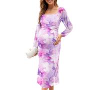AISWI Mesh Ruched Maternity Dress Baby Shower Wedding Guest Pregnancy Shoot Fall Long Short Sleeves Square Neck, Long Sleeves, Pink Purple Floral, S