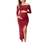AISWI Off Shoulder Maternity Sparkly Split Dress Long Sleeve Fitted Pregnancy Dresses Semi Formal Baby Shower Photoshoot, Burgundy, L