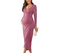 AISWI Ruched Mesh Maternity Dress with Round Neck for Prenatal Party, Wedding, Cocktail, Fall 2025, L