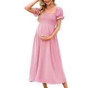 AISWI Women's 2023 Maternity Dress Summer Square Neck Smocked Long Dress Short Puff Sleeves Baby Shower Pregnancy, Pink, M