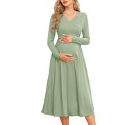 AISWI Women's 2024 Fall Patchwork Maternity Nursing Dress with Pockets Long Sleeve V Neck Clothes Midi Pregnancy Dresses, Solid, Sage Green, XXL