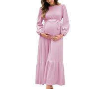 AISWI Women's Maternity Maxi Dress with Belt Long Sleeve Crew Neck Pregnancy Dresses with Pockets Baby Shower Photoshoot, Light Pink, S