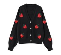 AISYBB Women's Cute Strawberry Embroidered Knitted Cardigan Sweet Kawaii Button Line Y2K-Line, Black, XXL