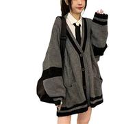 AISYBB Women's Harajuku Korean Style Loose V-Neck Button Knit Cardigan Preppy Jacket, Gray, Small
