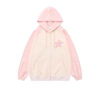 AISYBB Women's Harajuku pink star patch sweater Y2K Hoodie girls' sweet cool loose zip coat, Pink, Large