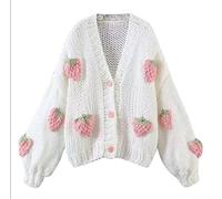 AISYBB Women's Sweet Japanese Strawberry Embroidered Knit Cardigan Top Korean Retro Elegant Cute Kawaii Coat, Pink, Small