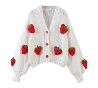 AISYBB Women's Sweet Japanese Strawberry Embroidered Knit Cardigan Top Korean Retro Elegant Cute Kawaii Coat, Red, L