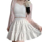Aitale Kawaii Ruffle Skirt Pleaded Short Elastic Black Lolita Japanese Y2K Gothic Cute, White, L