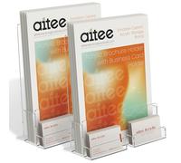 AITEE A4 Clear Leaflet Holder: Acrylic Brochure Dispenser with Business Card Holder Freestanding Booklet Flyer Stand for Counter Office Restaurant Reception - 2 Pack