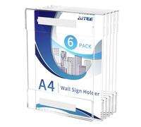 AITEE A4 Wall Sign Holder: 6 Pack Acrylic Clear Poster Menu Display Holders with Adhesive Tape-No Drilling for Office, Store, Restaurant, Home