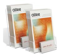 AITEE A5 Clear Leaflet Holder: Acrylic Brochure Dispenser with Business Card Holder Freestanding Booklet Flyer Stand for Counter Office Restaurant Reception - 2 Pack
