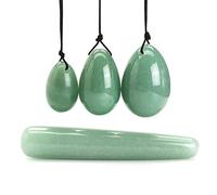 AITELEI 4Pcs Set Jade Yoni Eggs Stick,3 Pcs Drilled Natural Green Aventurine Quartz Crystal Jade Eggs Massage Stone + 1 Pcs Massage Stick For women Kegel Exercise Strengthen Pelvic Floor Muscles