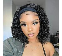 Aiterina 12 Inch Deep Wave Human Hair Curly Hair Wig with Headband Glueless Machine Made No Lace