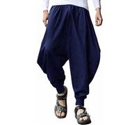 AITFINEISM Men's Drawstring Aladdin Hippie Harem Pants Loose Drop Crotch Trousers, Navy New, Medium