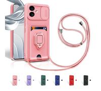 Aithne Case for iPhone 17 Mobile Phone Chain Case, Slide Camera Protection, Silicone Mobile Phone Case for Hanging Chain, 360 Degree Ring Holder, Stand, Card Slot, Pink