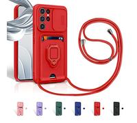 Aithne Case for Samsung Galaxy S25 Ultra Mobile Phone Chain Case, Slide Camera Protection, Silicone Mobile Phone Case for Hanging Chain, 360 Degree Ring Holder, Stand, Card Slot, Red
