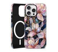 Aitipy Compatible with MagSafe Flower Phone Case for iPhone 14 Pro, Cute Magnetic Stained Glass Floral Aesthetic Soft Shockproof Protective Phone Cover for Women Girls-White Magnolia